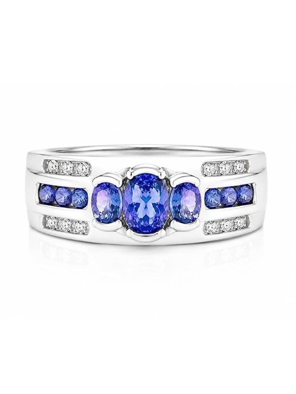 Genuine 1.75 Carats Tanzanite & Diamonds Ring 10k White Gold